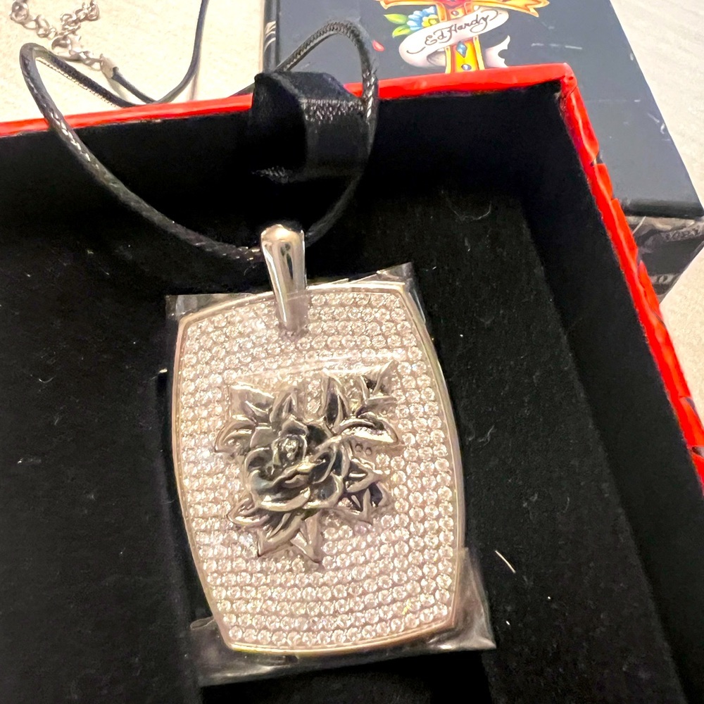 Ed Hardy Rose dog tag with white sapphire stones